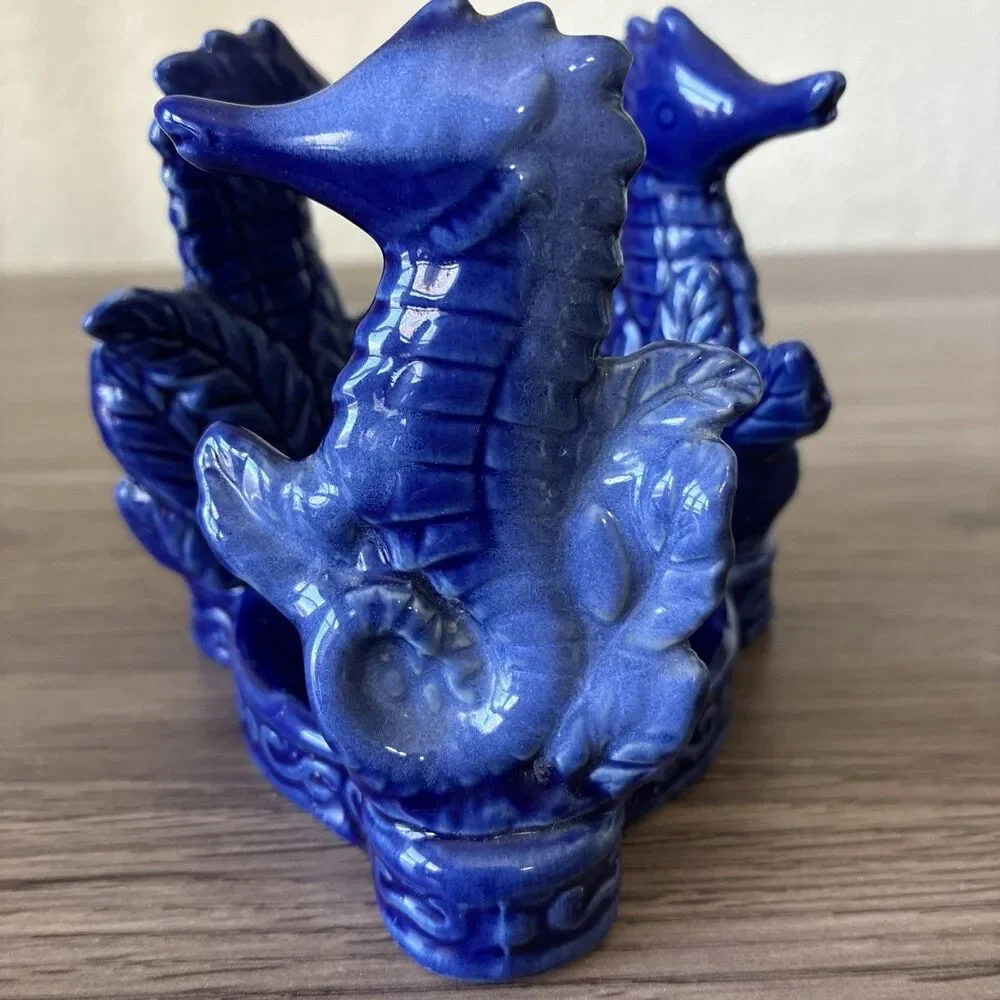 VTG Cobalt Blue Glazed Ceramic Tea/ Votive Candle Holder, 3 Seahorses, Coastal